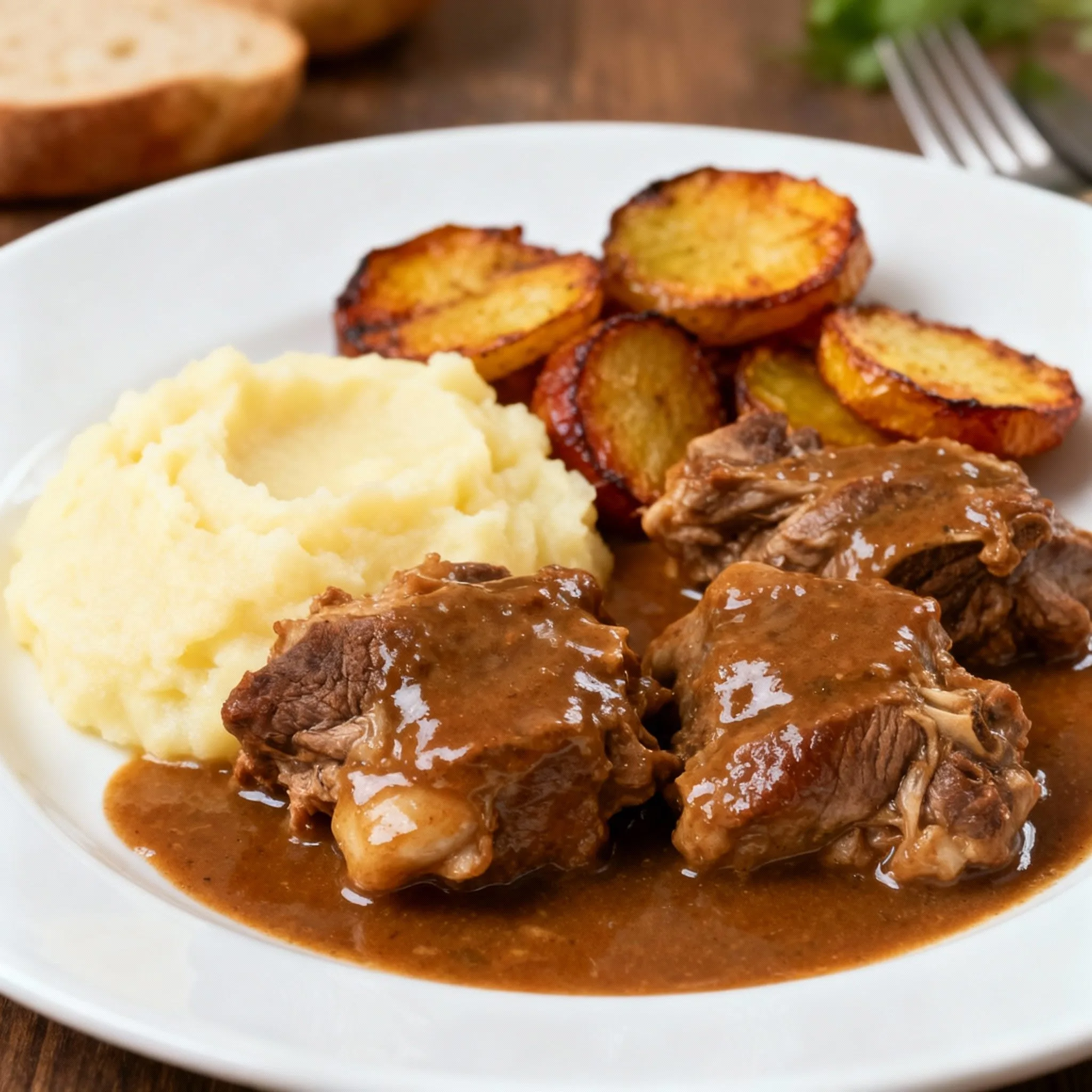 Plato tradicional español de carrilleras de cerdo guisadas en salsa con puré de patatas y verduras asadas, comida casera de la abuela