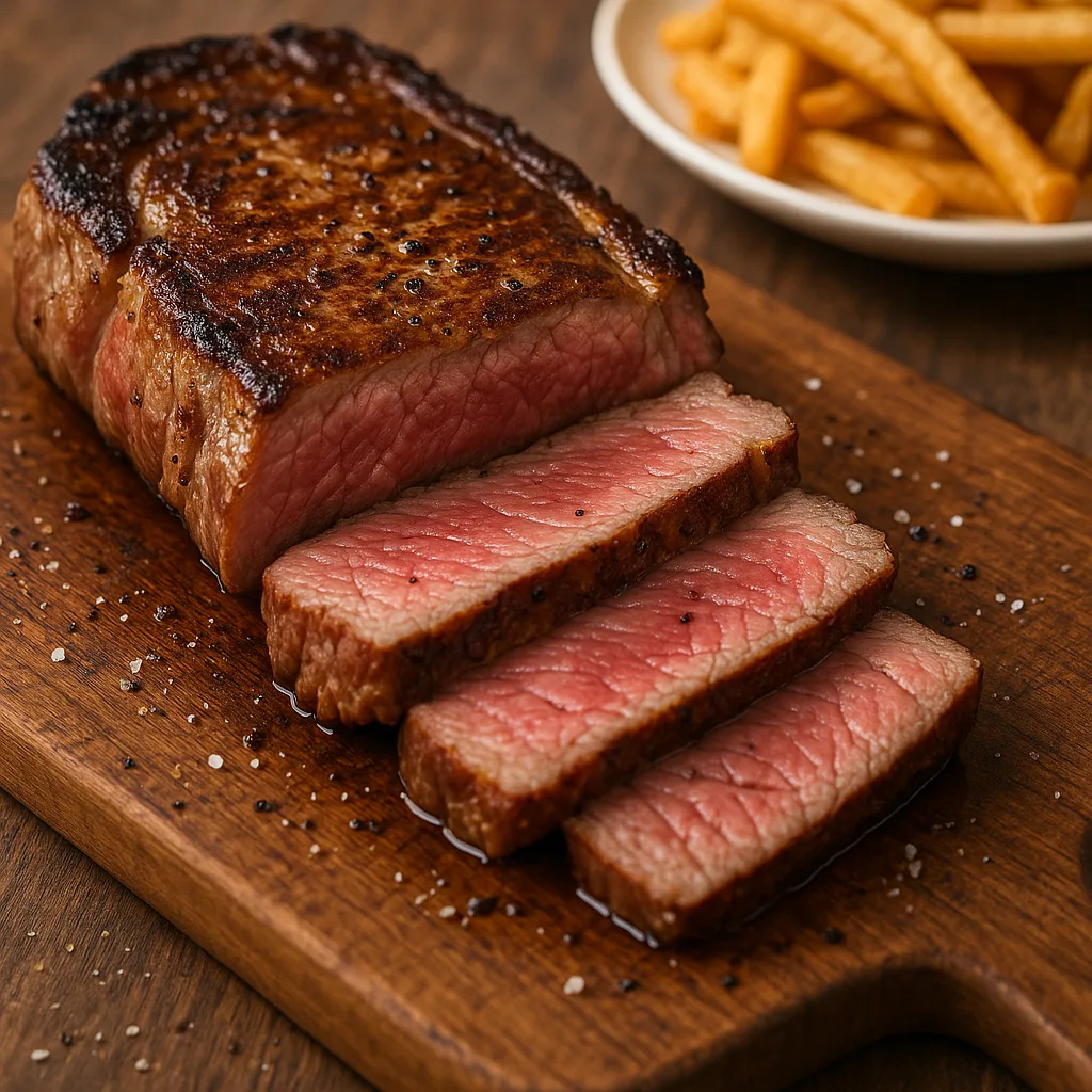 Entrecot de ternera jugoso cocinado a la plancha, con costra dorada y centro rosado, servido en plato con guarnición de verduras asadas.