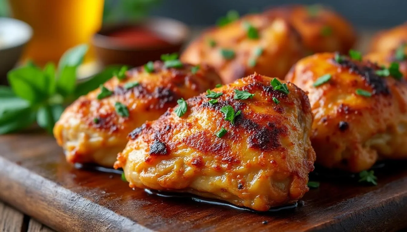 deliciosa receta de muslos de pollo al horno cocinados con cerveza, que aporta un sabor único y jugoso. fácil de preparar y perfecta para cualquier ocasión.